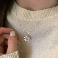 Sweet Pink Crystal Star Flower 925 Sterling Silver Necklace