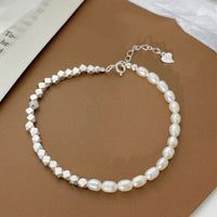 Irregular Oval Shell Pearl Geometry Bracelet, 925 Sterling Silver