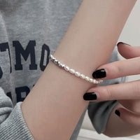 Irregular Oval Shell Pearl Geometry Bracelet, 925 Sterling Silver