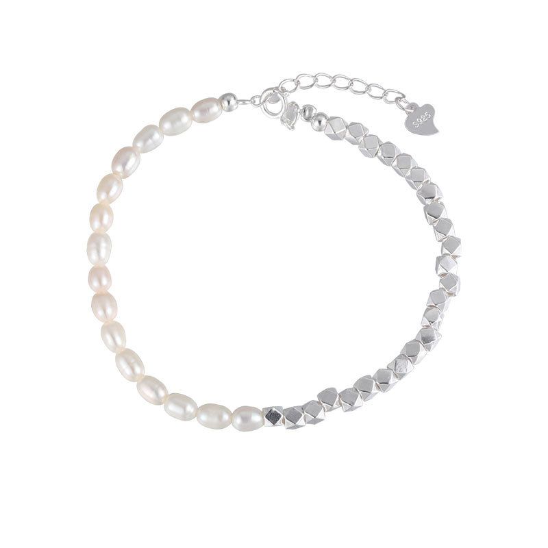 Irregular Oval Shell Pearl Geometry Bracelet, 925 Sterling Silver