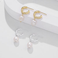 Oval Shell Pearl Twisted C 925 Sterling Silver Dangle Earrings