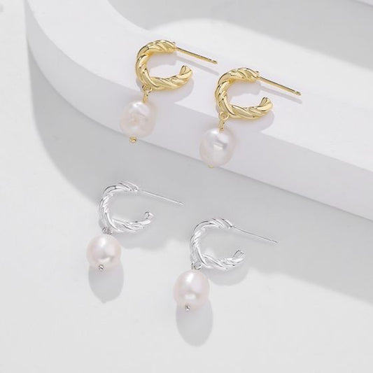 Oval Shell Pearl Twisted C 925 Sterling Silver Dangle Earrings
