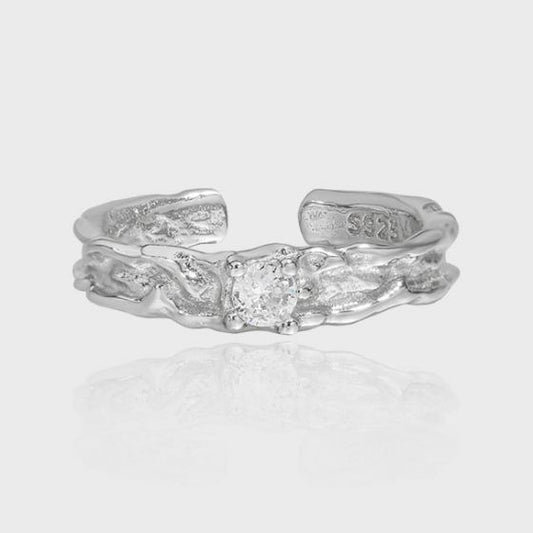 Round CZ Irregular Surface Sterling Silver Adjustable Ring