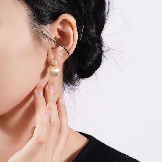 18K Gold-Plated CZ Cross and Round Ball 925 Sterling Silver Stud Earrings