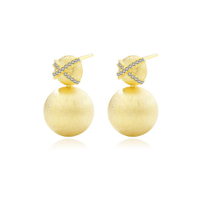 18K Gold-Plated CZ Cross and Round Ball 925 Sterling Silver Stud Earrings
