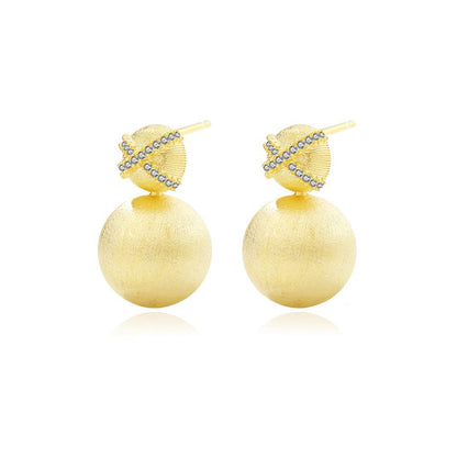 18K Gold-Plated CZ Cross and Round Ball 925 Sterling Silver Stud Earrings