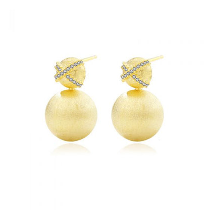 18K Gold-Plated CZ Cross and Round Ball 925 Sterling Silver Stud Earrings