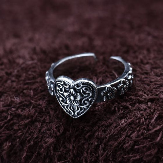 Vintage Flower Heart Adjustable Ring, 925 Sterling Silver
