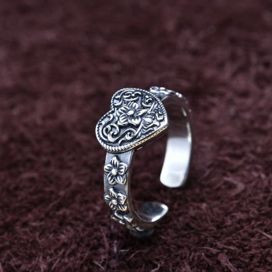 Vintage Flower Heart Adjustable Ring, 925 Sterling Silver