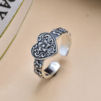 Vintage Flower Heart Adjustable Ring, 925 Sterling Silver