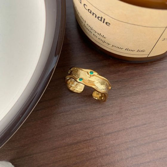 Irregular Wave Green CZ 925 Sterling Silver Adjustable Ring