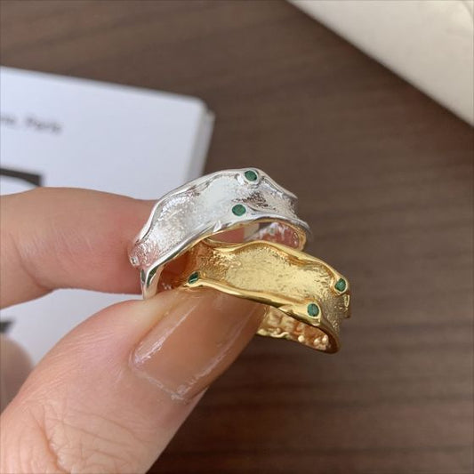 Irregular Wave Green CZ 925 Sterling Silver Adjustable Ring
