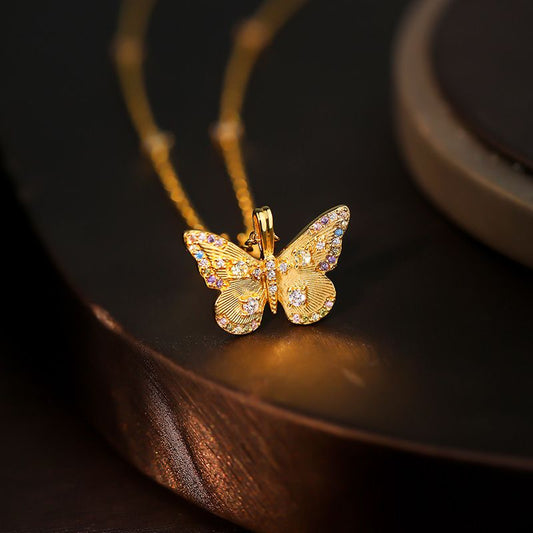 Colorful CZ Flying Butterfly 925 Sterling Silver Necklace