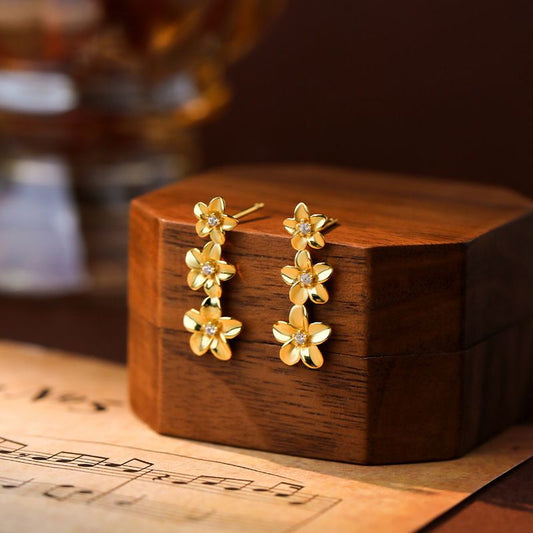 Three Pear Flower Stud Earrings in 925 Sterling Silver