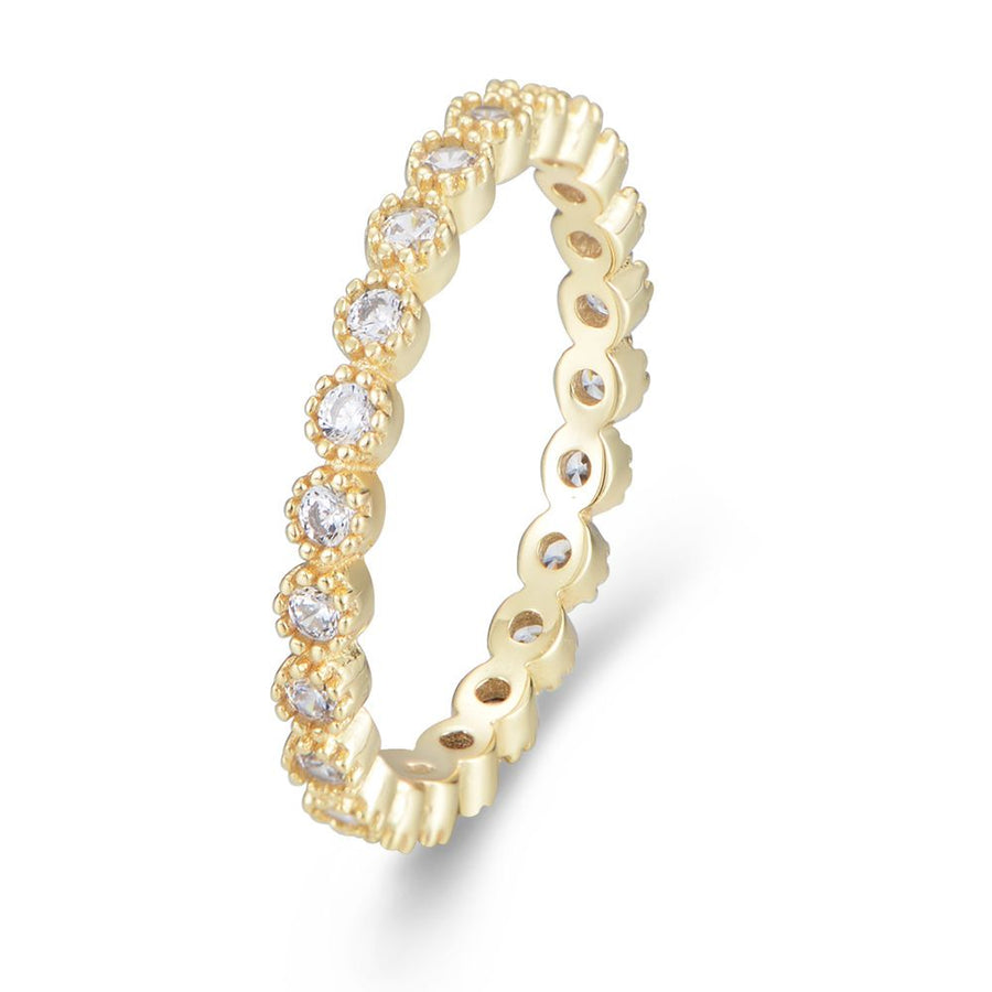 Casual Round Crystal Beads Border Sterling Silver Ring