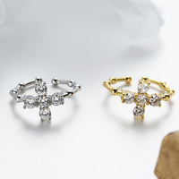 Adjustable Geometric Cross Cubic Zirconia Open Ring in 925 Sterling Silver