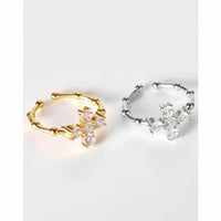 Adjustable Geometric Cross Cubic Zirconia Open Ring in 925 Sterling Silver