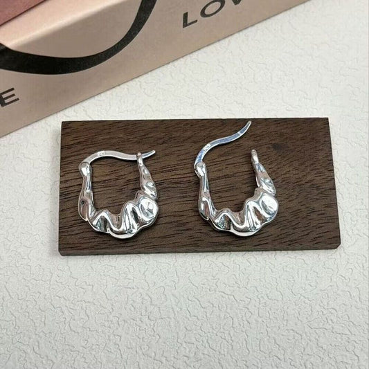 Irregular Folding Bag 925 Sterling Silver Hoop Earrings