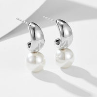 C-Shape Created Pearl Dangling Earrings, 925 Sterling Silver