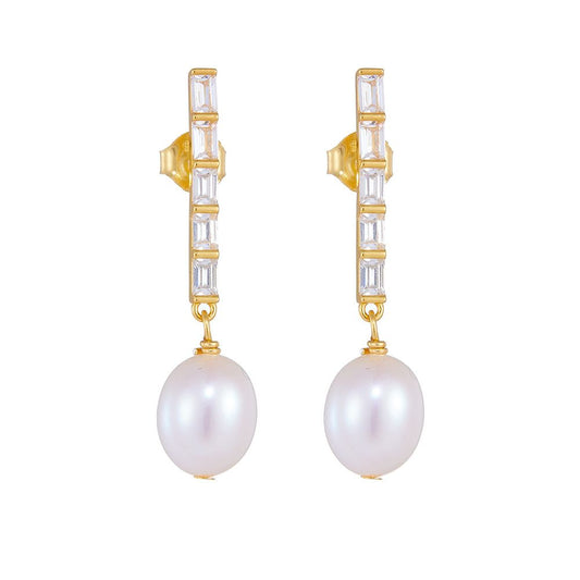 Oval Natural Pearl CZ Dangling Earrings in 925 Sterling Silver