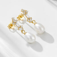 Oval Natural Pearl Baguette Crystal Dangling Earrings
