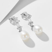 Oval Natural Pearl Baguette Crystal Dangling Earrings