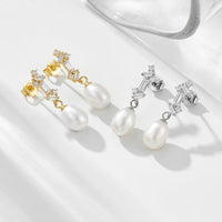 Oval Natural Pearl Baguette Crystal Dangling Earrings