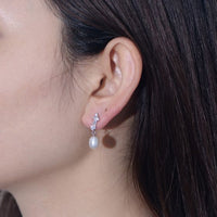 Oval Natural Pearl Baguette Crystal Dangling Earrings