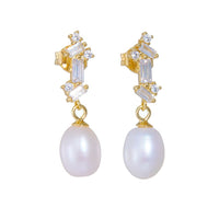 Oval Natural Pearl Baguette Crystal Dangling Earrings
