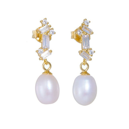 Oval Natural Pearl Baguette CZ Dangling Earrings