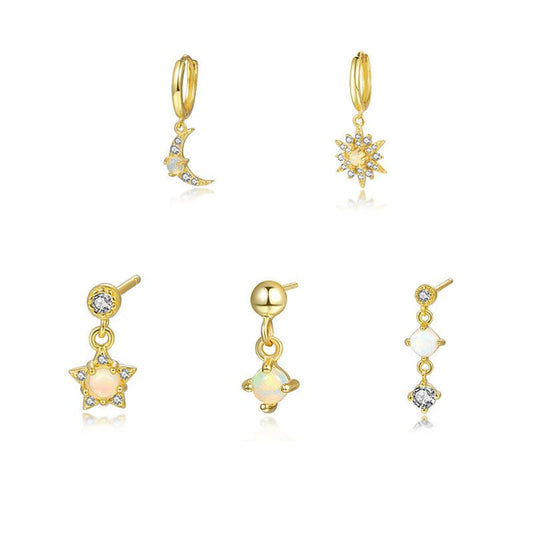 Created Opal Crescent Moon and Stars Single Earring