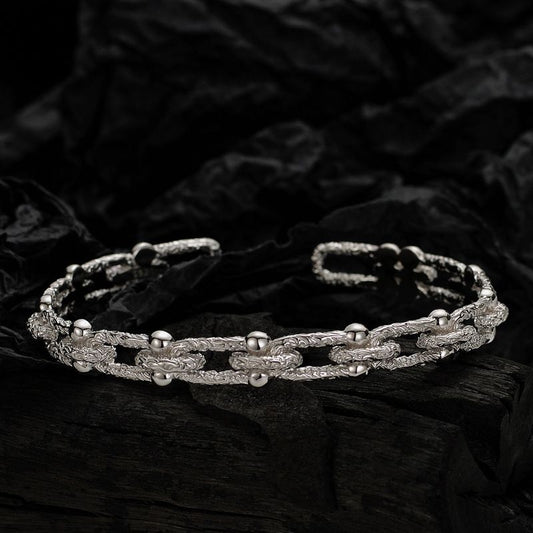 Irregular Pattern 925 Sterling Silver Curb Bead Chain Open Bangle