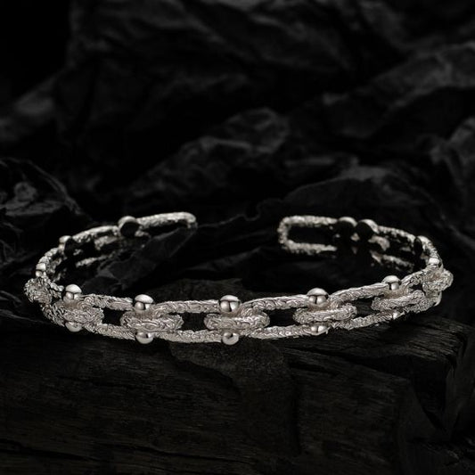 Irregular Pattern 925 Sterling Silver Curb Bead Chain Open Bangle
