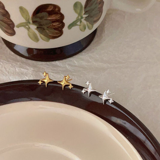 Mini Shining Four-Point Star Sterling Silver Stud Earrings