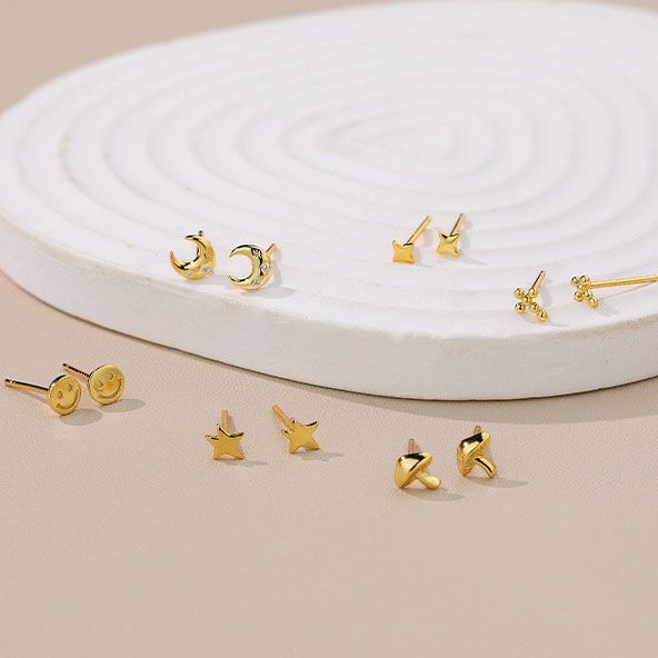Mini Crystal Moon, Star, Smile, Cross & Mushroom Sterling Silver Stud Earrings