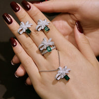 Baguette Green Crystal Bow Knot Necklace, Ring & Studs Set