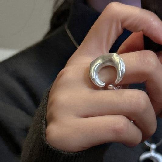 Matte Irregular Crescent Moon Sterling Silver Adjustable Ring