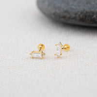 Mini Crystal Waterdrop Baguette Flower 925 Sterling Screw Flat Ear Earring (Single)