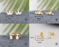 Mini Crystal Waterdrop Baguette Flower 925 Sterling Screw Flat Ear Earring (Single)