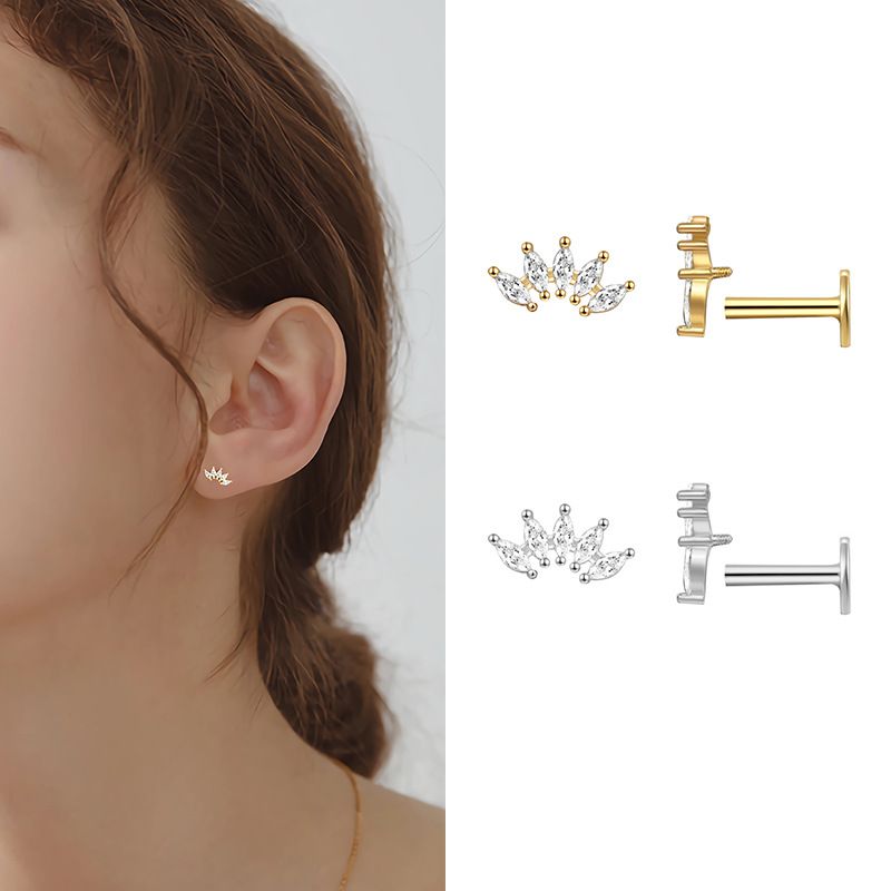 Crystal Crown Screw Flat Stud Earring (925 Sterling Silver, Single)