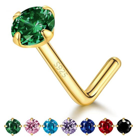 Colorful Round CZ L-Shape Nose Stud in 925 Sterling Silver