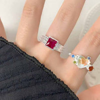 Red Square Crystal Geometry 925 Sterling Silver Adjustable Ring