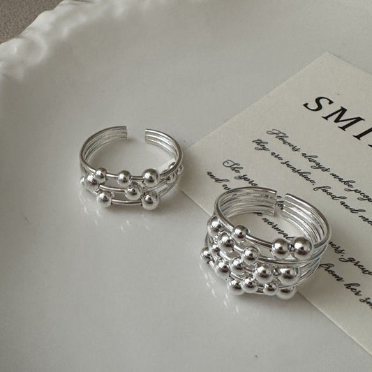 Graduation Multi-Bead Layer 925 Sterling Silver Adjustable Ring