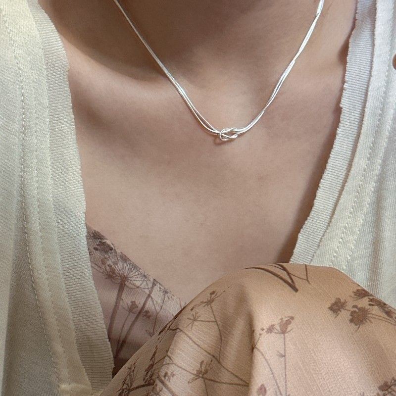 Double Layer Knot Snake Chain Necklace in 925 Sterling Silver