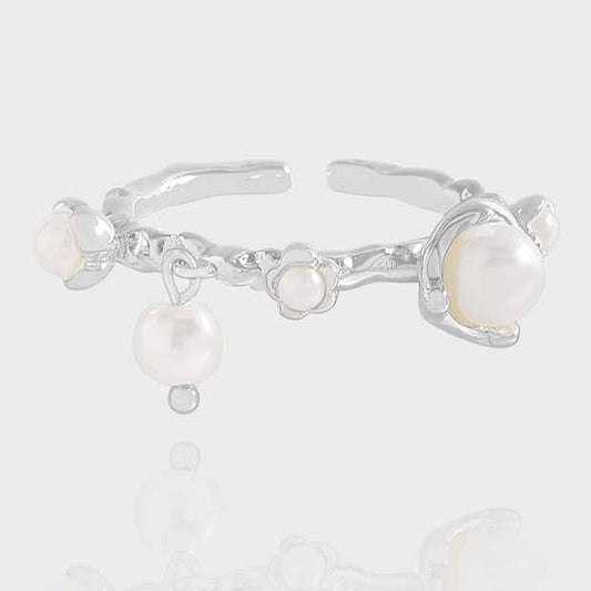 Shell Pearl Flower Adjustable Ring, 925 Sterling Silver