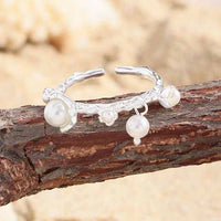 Shell Pearl Flower Adjustable Ring, 925 Sterling Silver