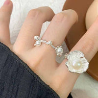 Shell Pearl Flower Adjustable Ring, 925 Sterling Silver