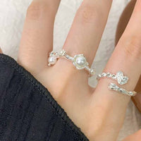 Shell Pearl Flower Adjustable Ring, 925 Sterling Silver