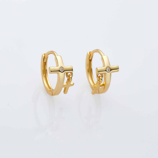 Holiday Mini CZ Cross Hoop Earrings, 925 Sterling Silver