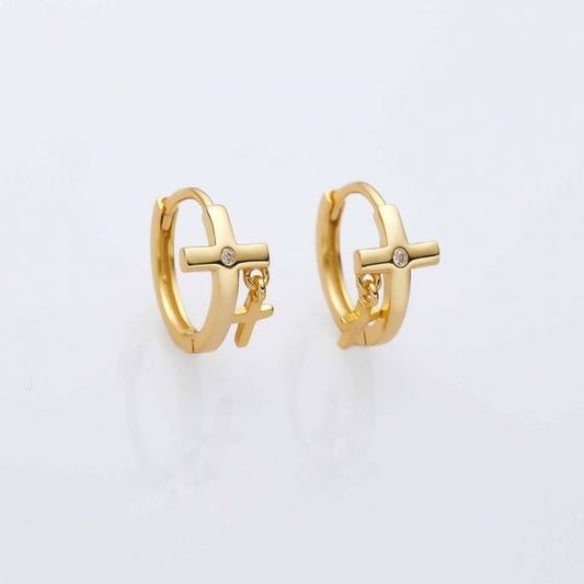 Holiday Mini CZ Cross Hoop Earrings, 925 Sterling Silver